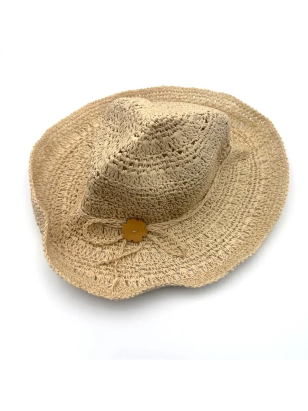 Womens Beige Crochet Straw Sun Hat Wide Brim Beach Boho Summer Floppy Hat